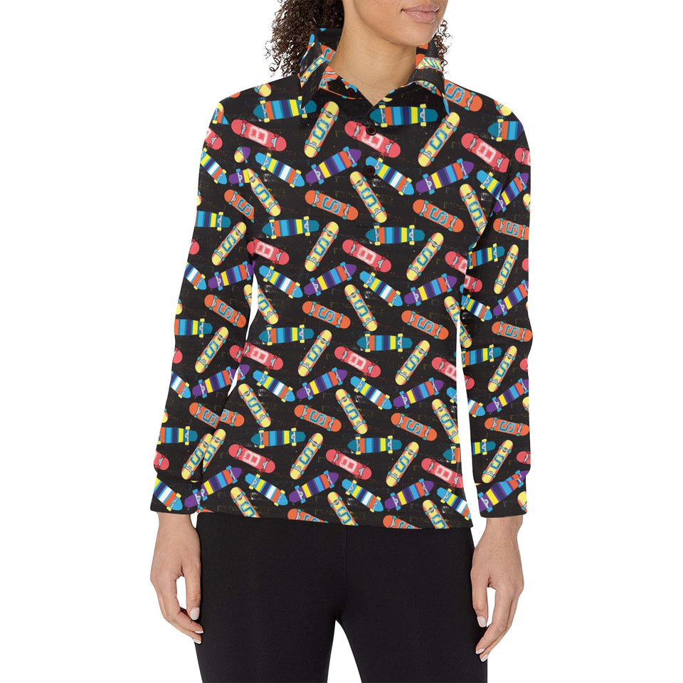 Skate Board Pattern Print Design 02 Women's Long Sleeve Polo Shirt