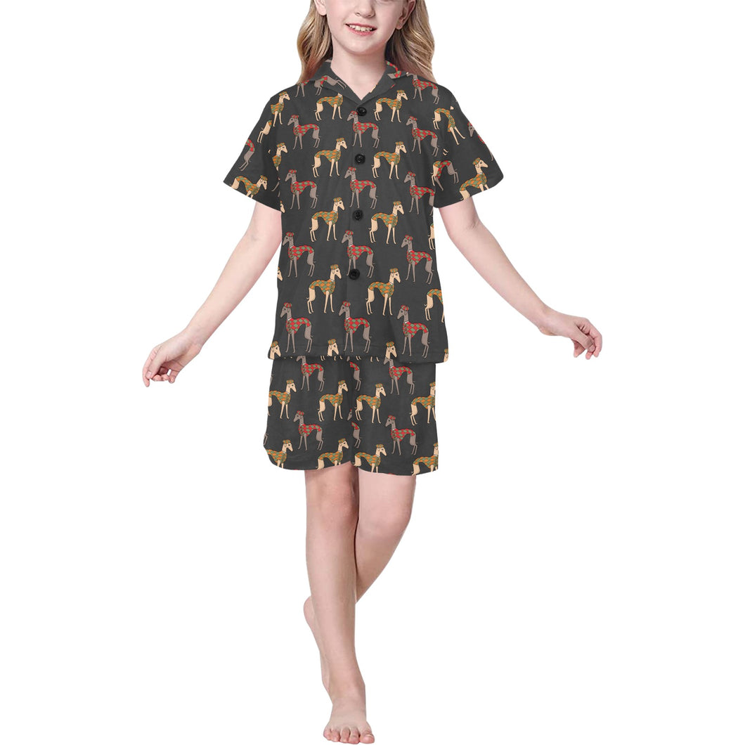 Greyhound Pattern Print Design 01 Kids' Boys' Girls' V-Neck Short Pajama Set