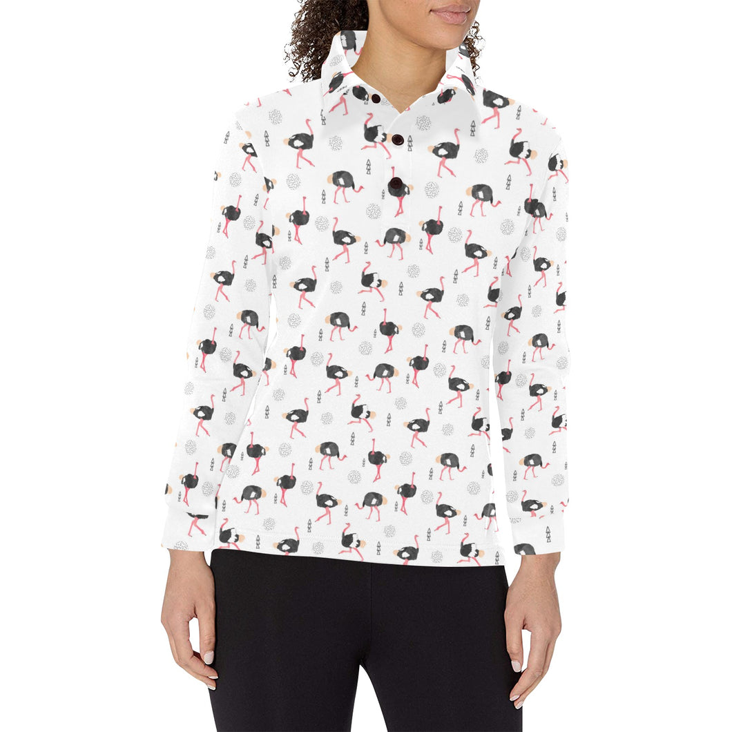 Ostrich Pattern Print Design 02 Women's Long Sleeve Polo Shirt