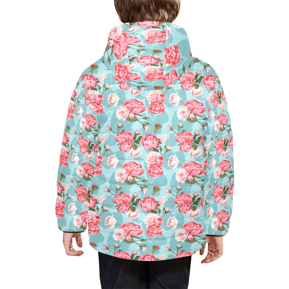 Rose Pattern Print Design 03 Kids' Boys' Girls' Padded Hooded Jacket