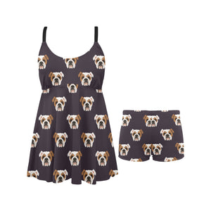 English Bulldog Pattern Print Design 03 Chest Sexy Pleated Two Piece Swim Dress