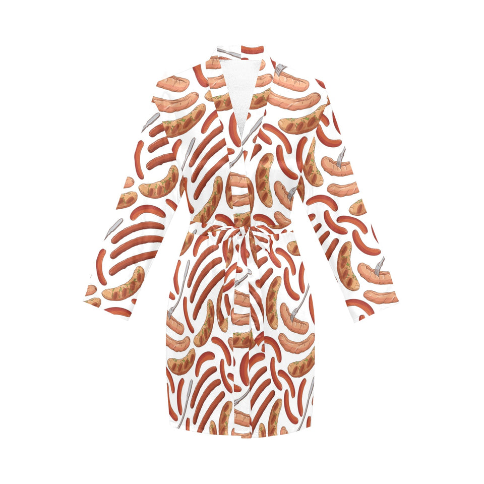 Sausage Pattern Print Design 05 Women's Long Sleeve Belted Night Robe