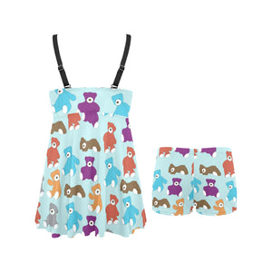 Teddy Bear Pattern Print Design 03 Chest Sexy Pleated Two Piece Swim Dress