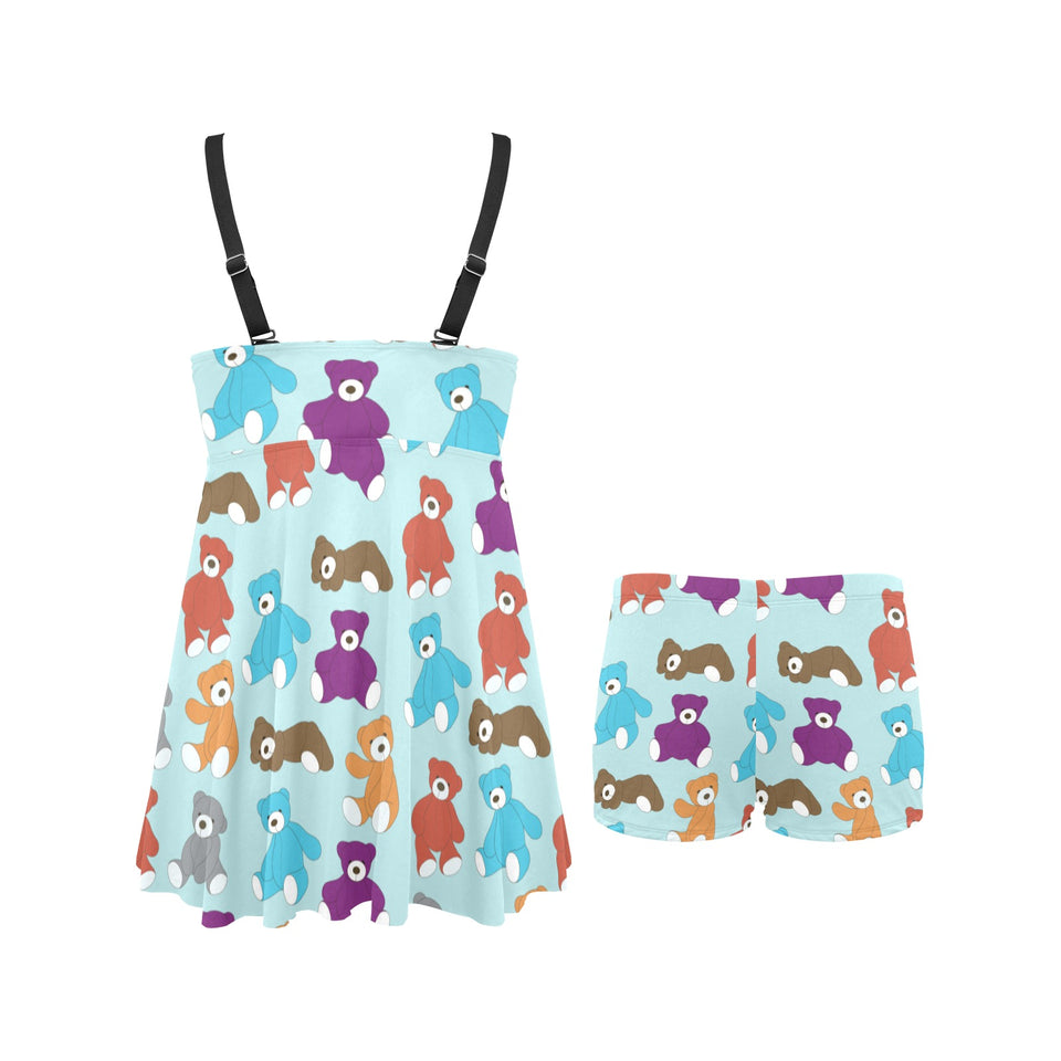 Teddy Bear Pattern Print Design 03 Chest Sexy Pleated Two Piece Swim Dress