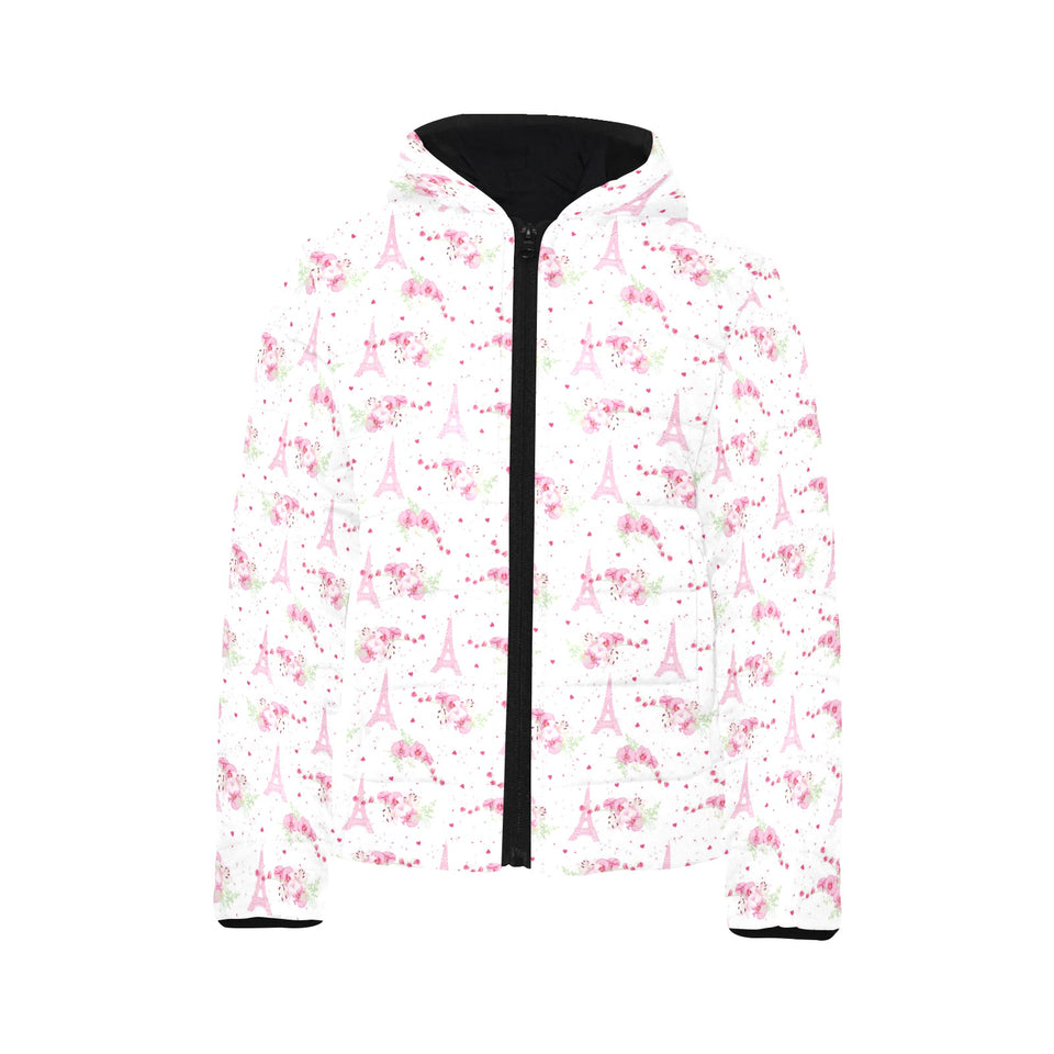 Eiffel Tower Pink Theme Pattern Print Design 05 Kids' Boys' Girls' Padded Hooded Jacket