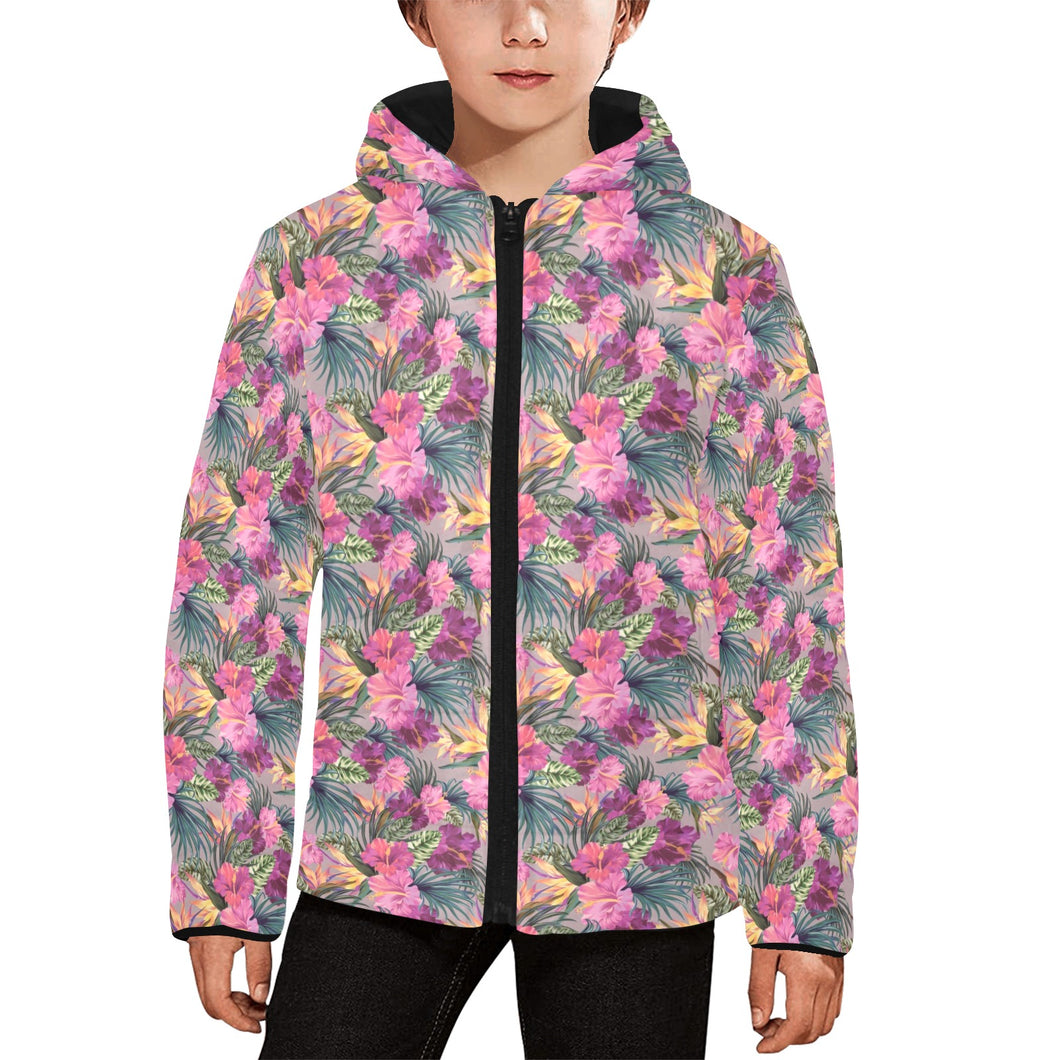 Hibiscus Pattern Print Design 03 Kids' Boys' Girls' Padded Hooded Jacket