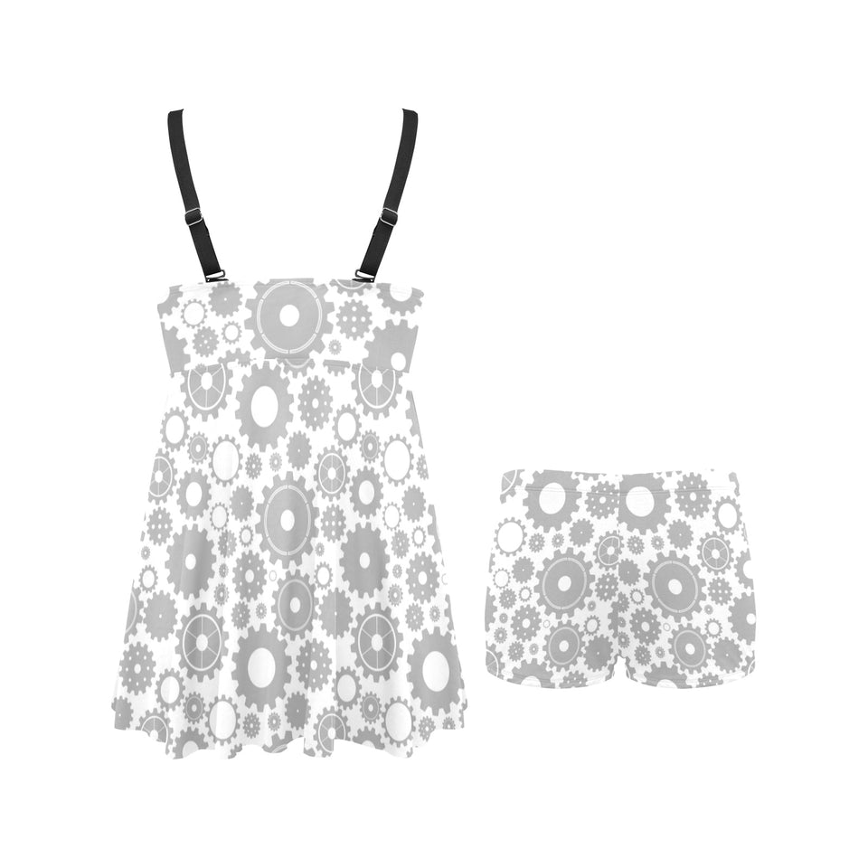 Gear Pattern Print Design 03 Chest Sexy Pleated Two Piece Swim Dress