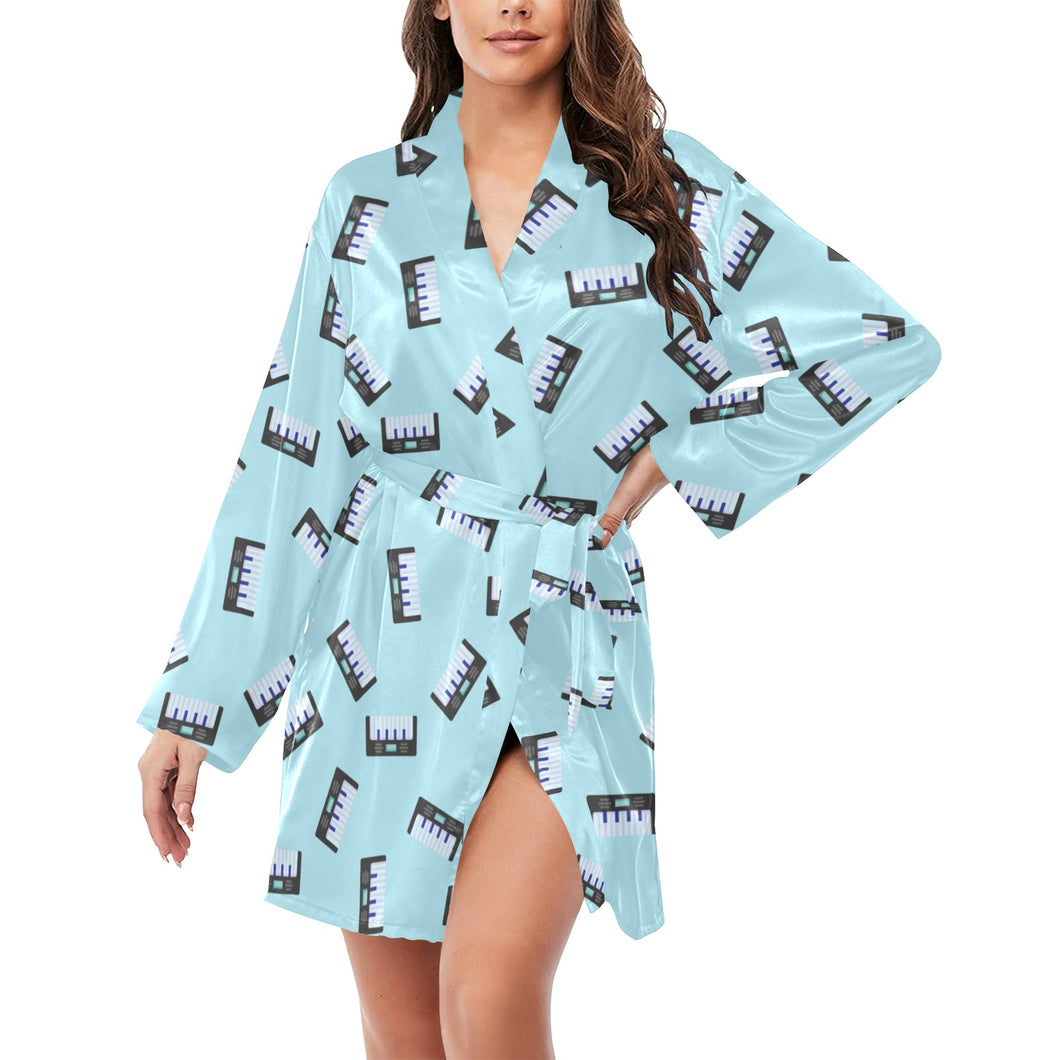 Piano Pattern Print Design 05 Women's Long Sleeve Belted Night Robe