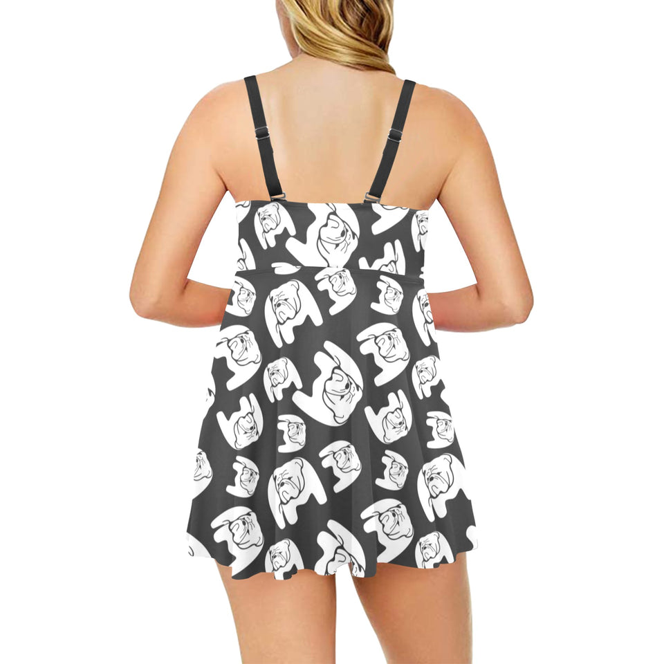 English Bulldog Pattern Print Design 02 Chest Sexy Pleated Two Piece Swim Dress