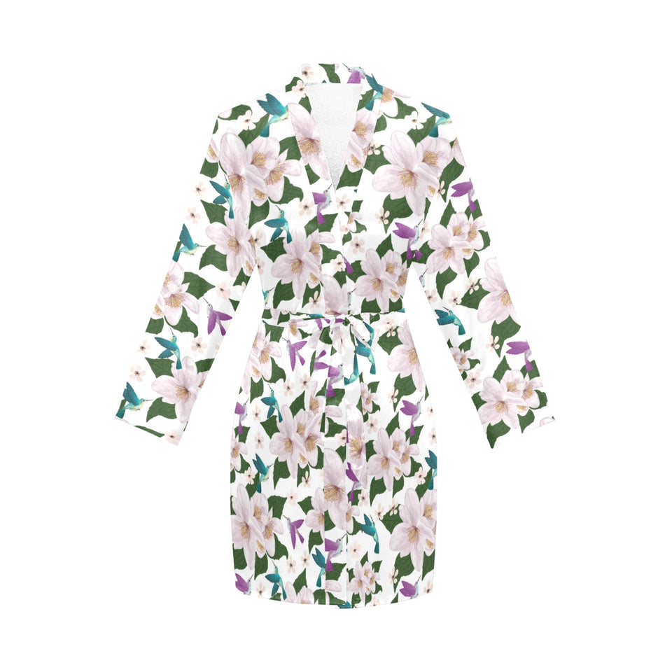 Hummingbird Pattern Print Design 01 Women's Long Sleeve Belted Night Robe