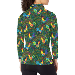 Rooster Chicken Pattern Theme Women's Long Sleeve Polo Shirt