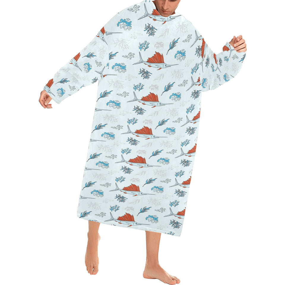 Swordfish Pattern Print Design 03 Blanket Robe with Sleeves