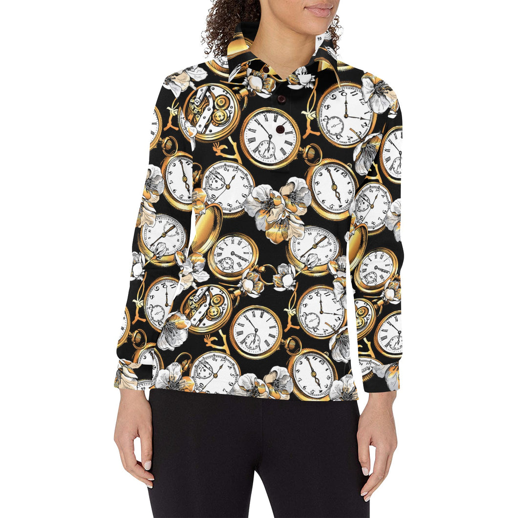 Clock Flower Pattern Women's Long Sleeve Polo Shirt