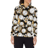 Clock Flower Pattern Women's Long Sleeve Polo Shirt