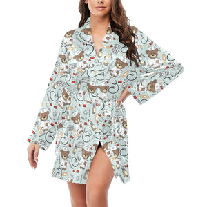 Teddy Bear Pattern Print Design 02 Women's Long Sleeve Belted Night Robe