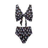 Pigeon Pattern Print Design 04 Chest Bowknot High Waisted Bikini Swimsuit