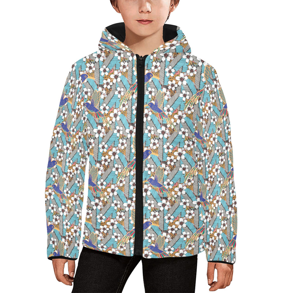 Hummingbird Pattern Print Design 02 Kids' Boys' Girls' Padded Hooded Jacket