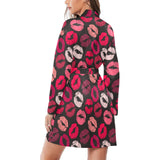 Lips Pattern Print Design 02 Women's Long Sleeve Belted Night Robe