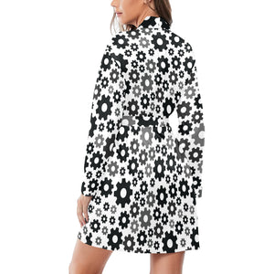 Gear Pattern Print Design 01 Women's Long Sleeve Belted Night Robe