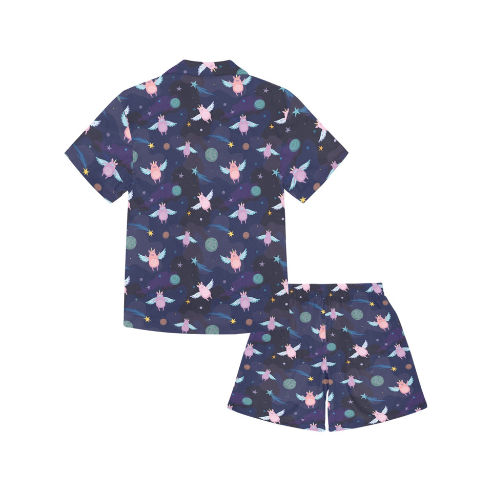 Pig Pattern Print Design 05 Kids' Boys' Girls' V-Neck Short Pajama Set