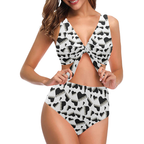 Piano Pattern Print Design 02 Chest Bowknot High Waisted Bikini Swimsuit