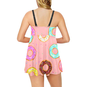 Donut Pattern Pink Background Chest Sexy Pleated Two Piece Swim Dress