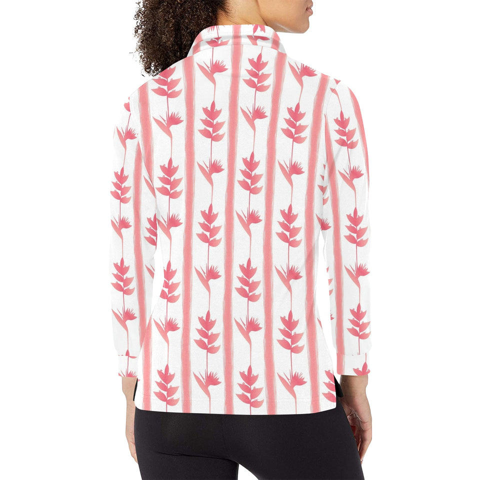 Heliconia Pink White Pattern Women's Long Sleeve Polo Shirt