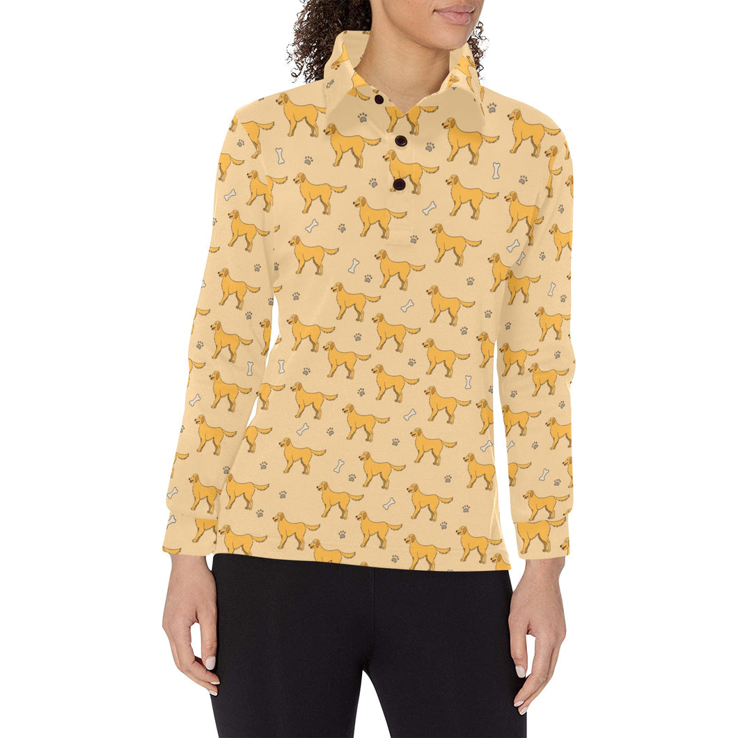 Golden Retriever Pattern Print Design 04 Women's Long Sleeve Polo Shirt