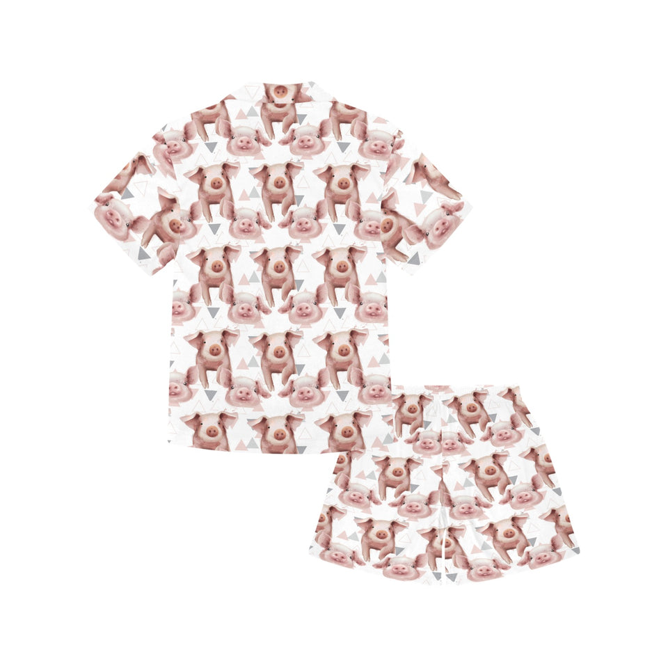 Pig Pattern Print Design 04 Kids' Boys' Girls' V-Neck Short Pajama Set