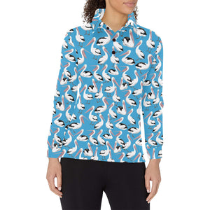 Pelican Pattern Print Design 04 Women's Long Sleeve Polo Shirt