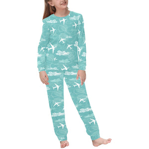 Airplane Cloud Pattern Green Background Kids' Boys' Girls' All Over Print Pajama Set