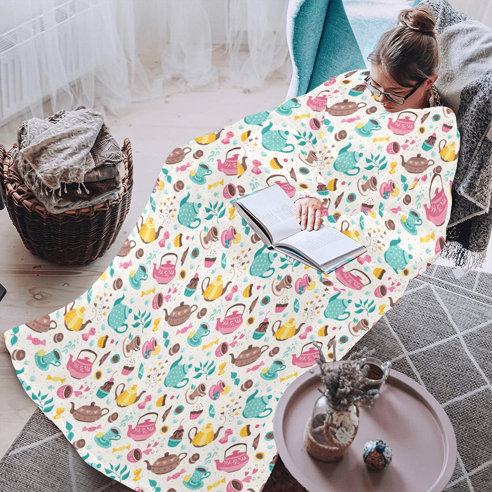 Tea pots Pattern Print Design 05 Blanket Robe with Sleeves