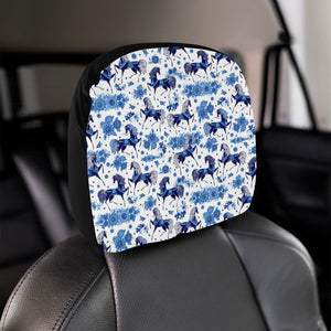 Horse Flower Blue Theme Pattern Car Headrest Cover