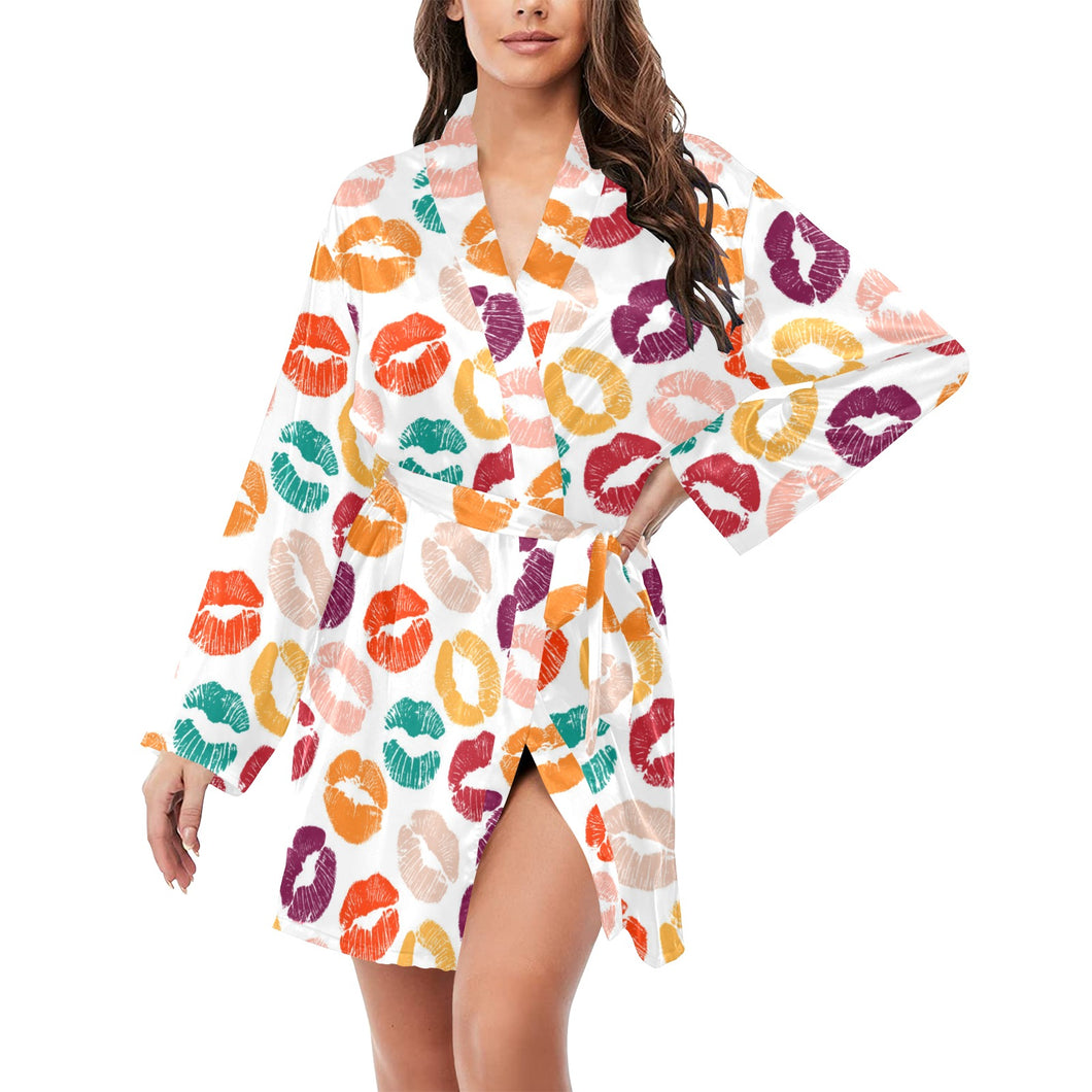 Lips Pattern Print Design 03 Women's Long Sleeve Belted Night Robe