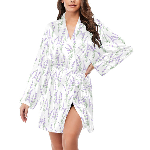 Eiffel Tower Lavender Pattern Print Design 01 Women's Long Sleeve Belted Night Robe