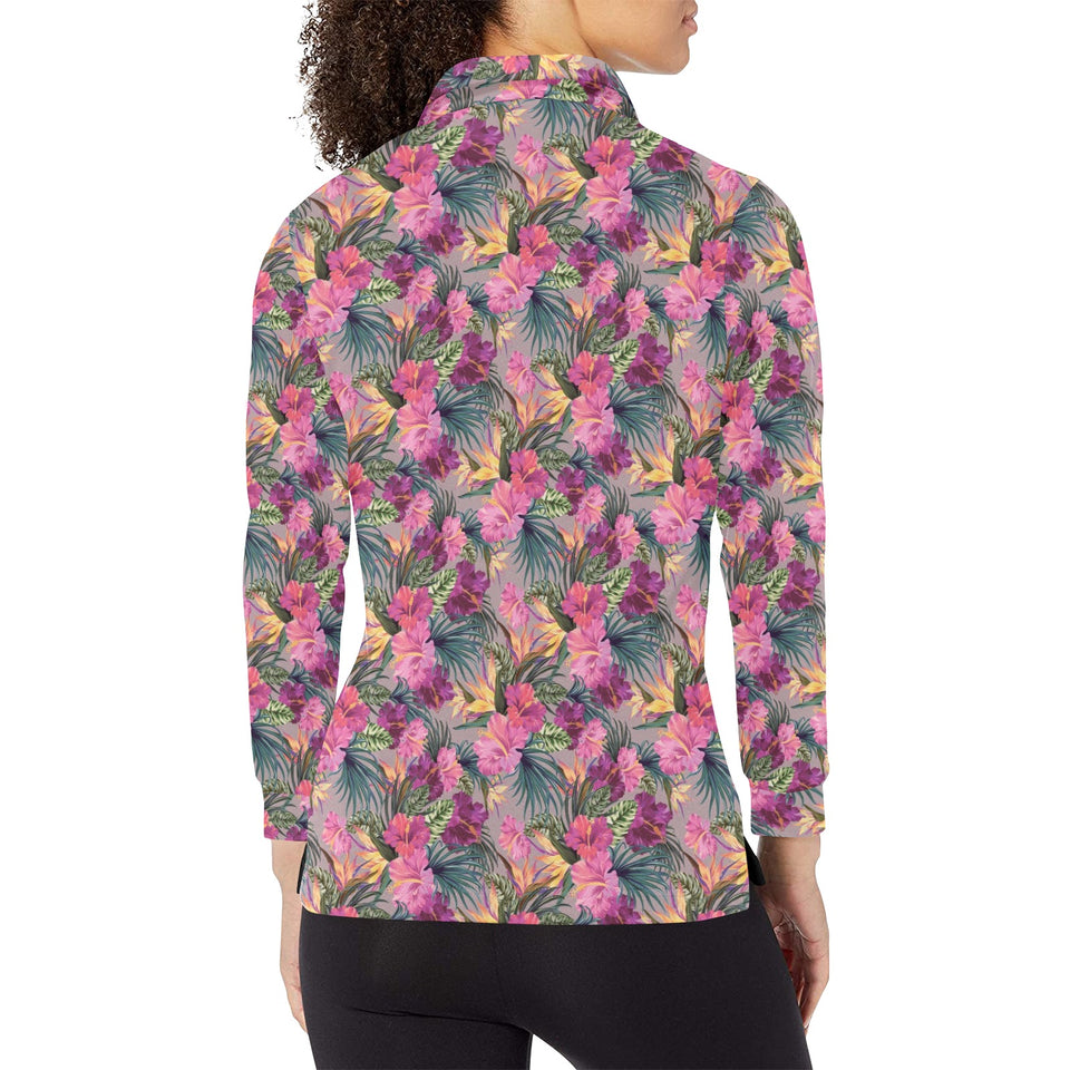 Hibiscus Pattern Print Design 03 Women's Long Sleeve Polo Shirt