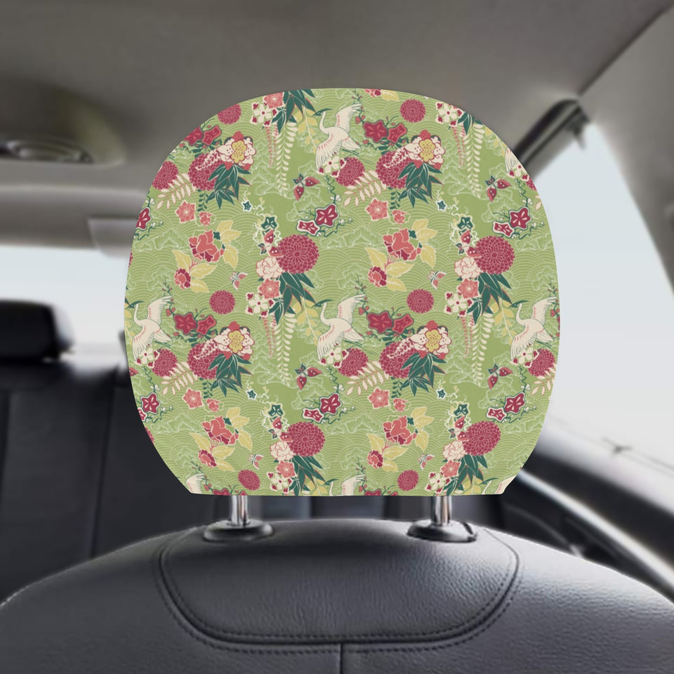 Japanese Crane Green Theme Pattern Car Headrest Cover