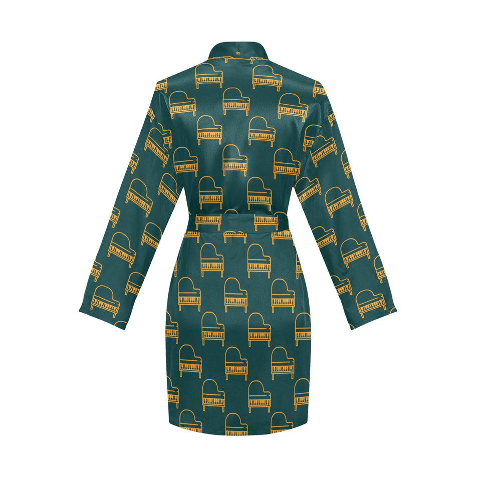 Piano Pattern Print Design 03 Women's Long Sleeve Belted Night Robe