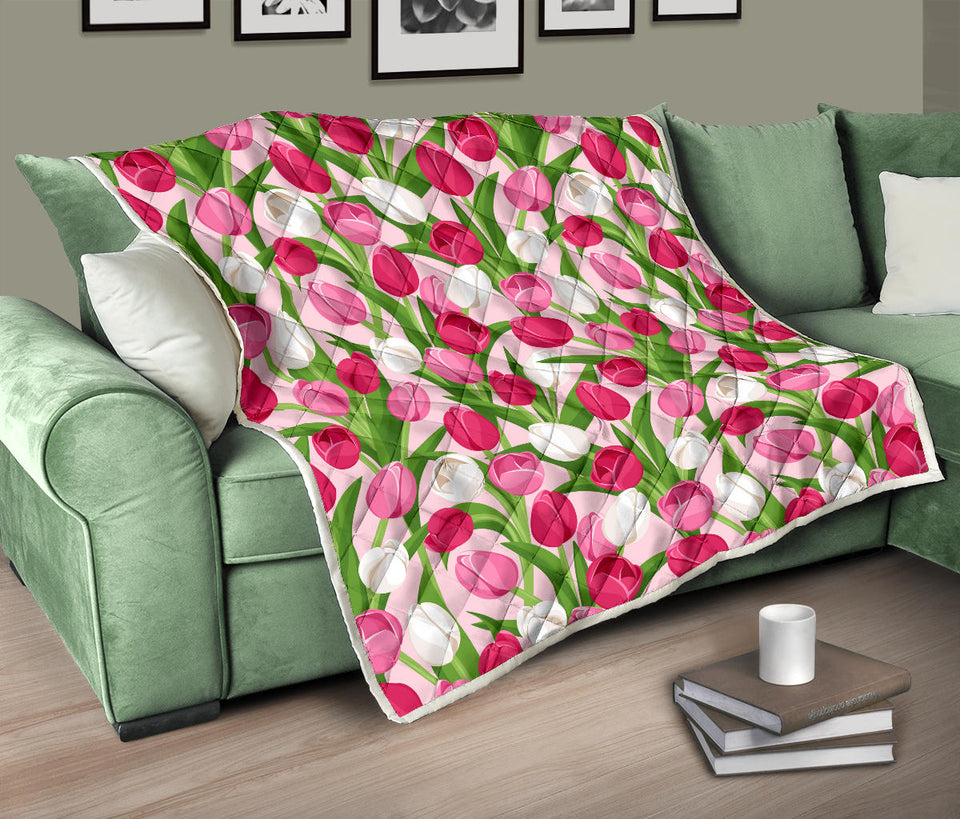 Pink White Tulip Pattern Premium Quilt White