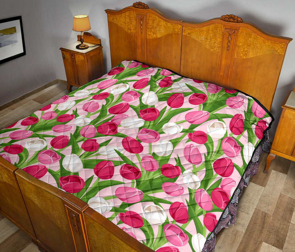 Pink White Tulip Pattern Premium Quilt