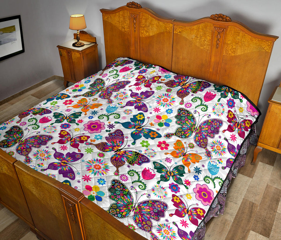 Colorful Butterfly Flower Pattern Premium Quilt