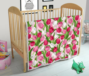 Pink White Tulip Pattern Premium Quilt White