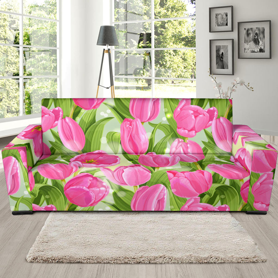 Pink Tulip Pattern Sofa Slipcover