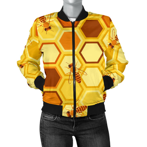 Bee and Honeycomb Pattern Women Bomber Jacket