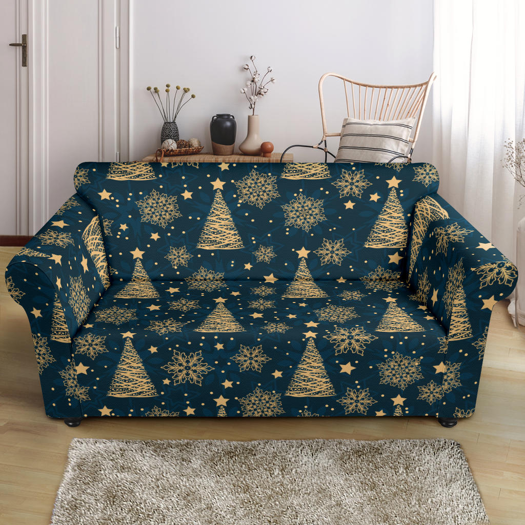 Gold Snowflake Chirstmas Pattern Loveseat Couch Slipcover