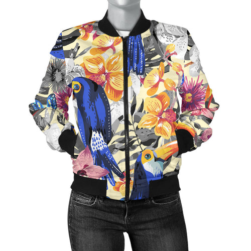 Toucan Leaves Flower Pattern Women Bomber Jacket