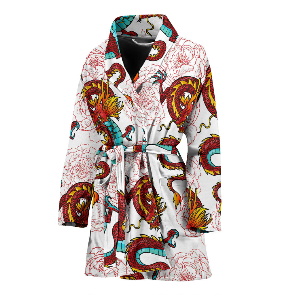 Red Dragon Hibiscus Pattern Women Bathrobe