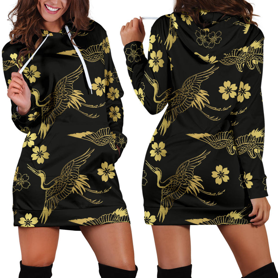 Gold Japanese Theme Pattern Women Hoodie Dress