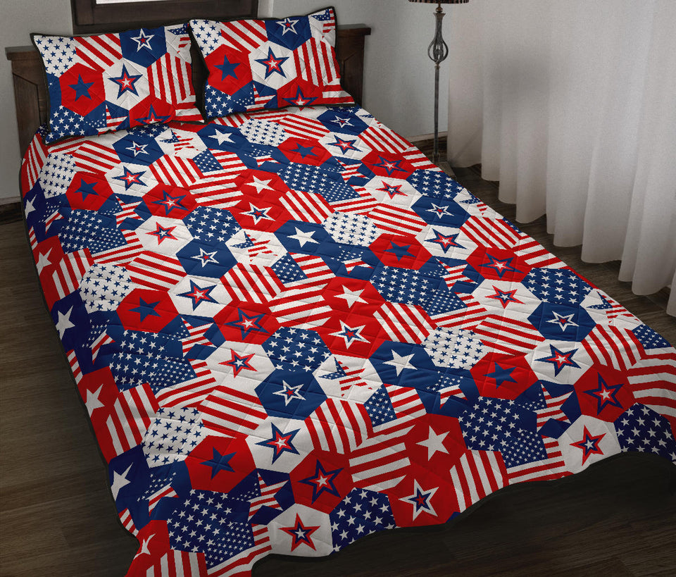 USA Star Hexagon Pattern Quilt Bed Set