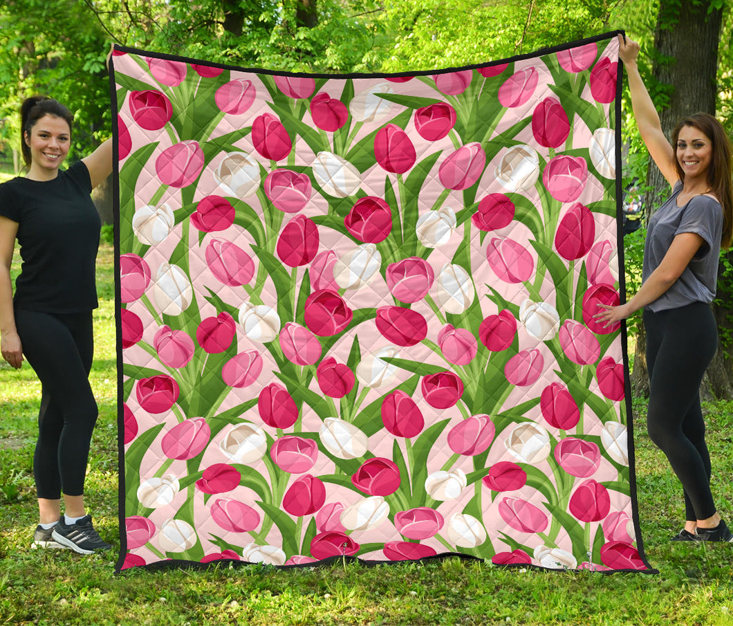 Pink White Tulip Pattern Premium Quilt